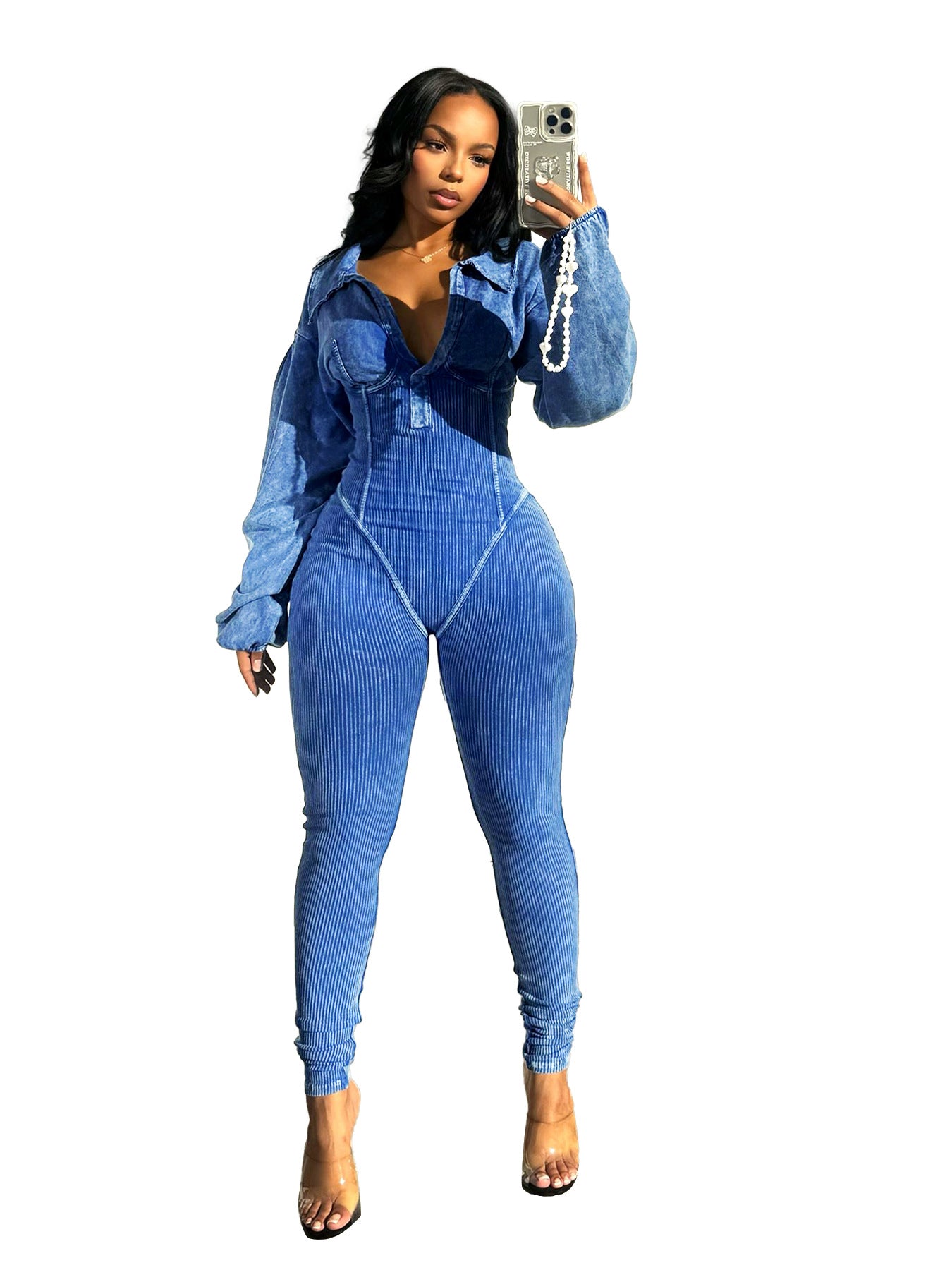 Women's Wear Versatile Distressed Deep V Tight Long Sleeve Jumpsuit