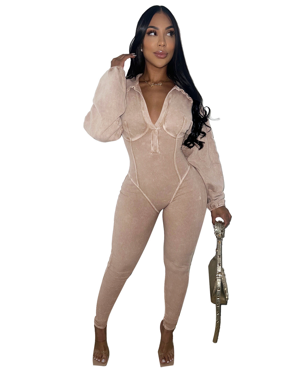 Women's Wear Versatile Distressed Deep V Tight Long Sleeve Jumpsuit
