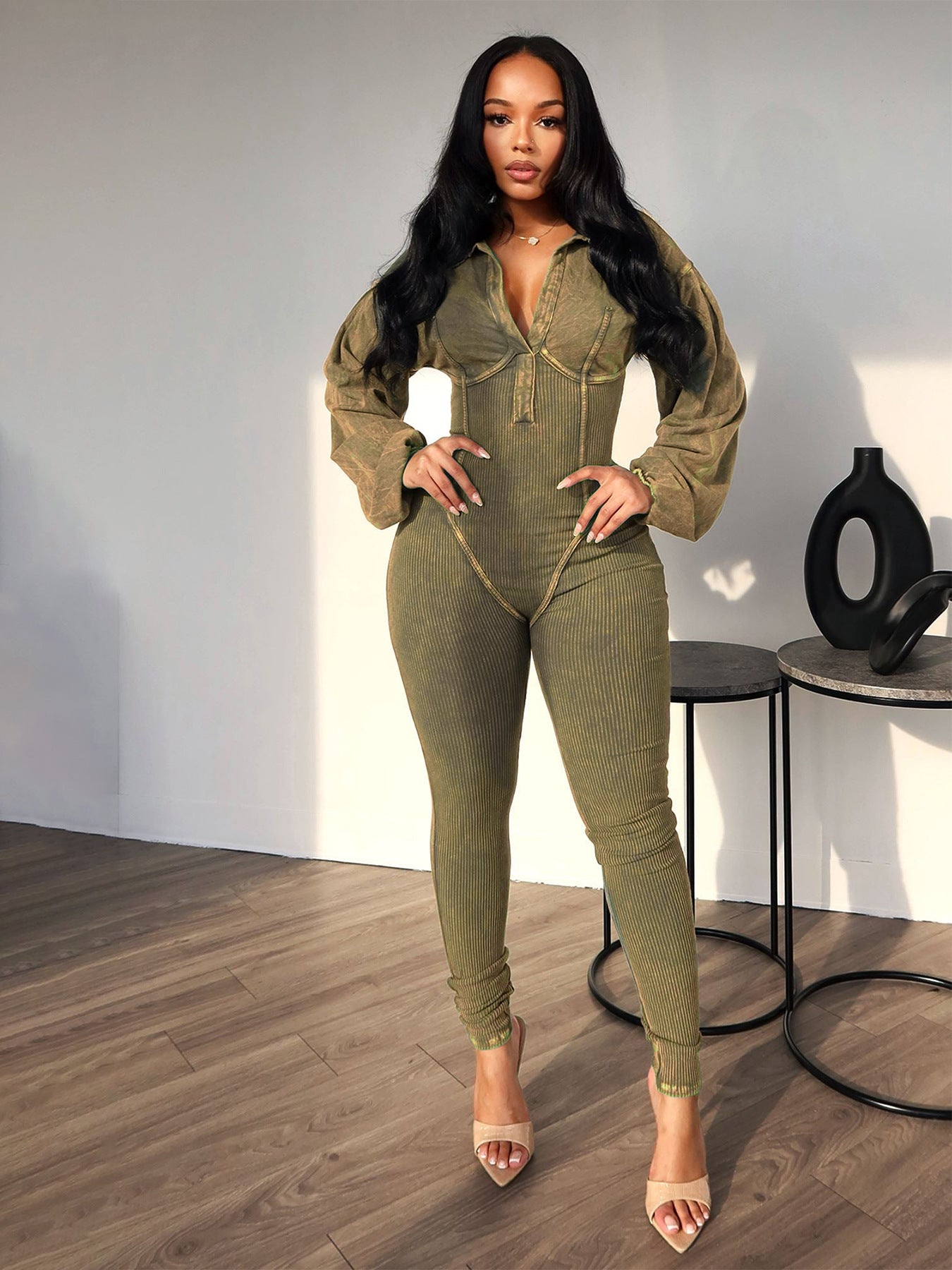 Women's Wear Versatile Distressed Deep V Tight Long Sleeve Jumpsuit